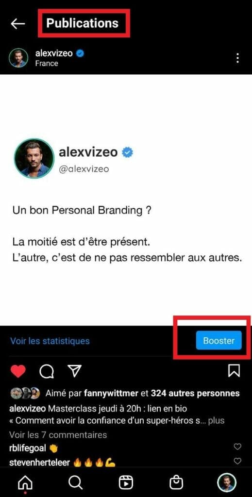 bouton booster promouvoir instagram publication