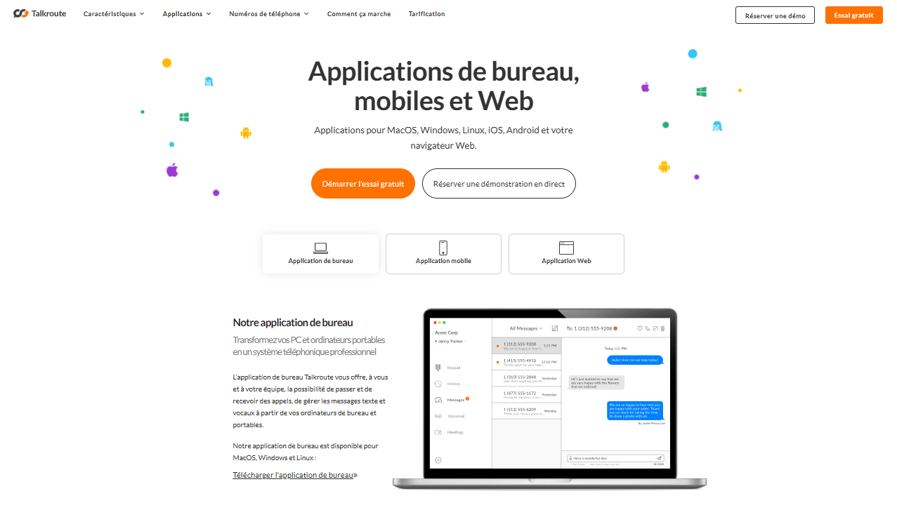 Liste des fonctionnalités de Talkroute: Applications mobiles et interface utilisateur