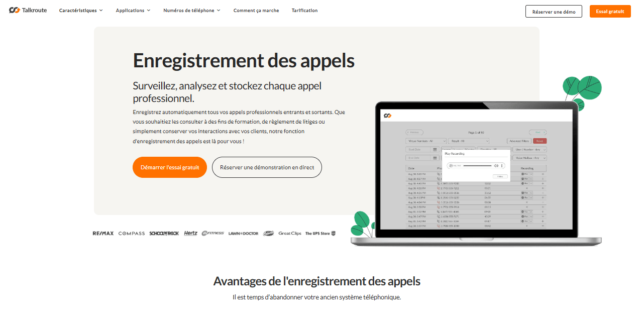 Liste des fonctionnalités de Talkroute: Rapports d'appels et analytics
