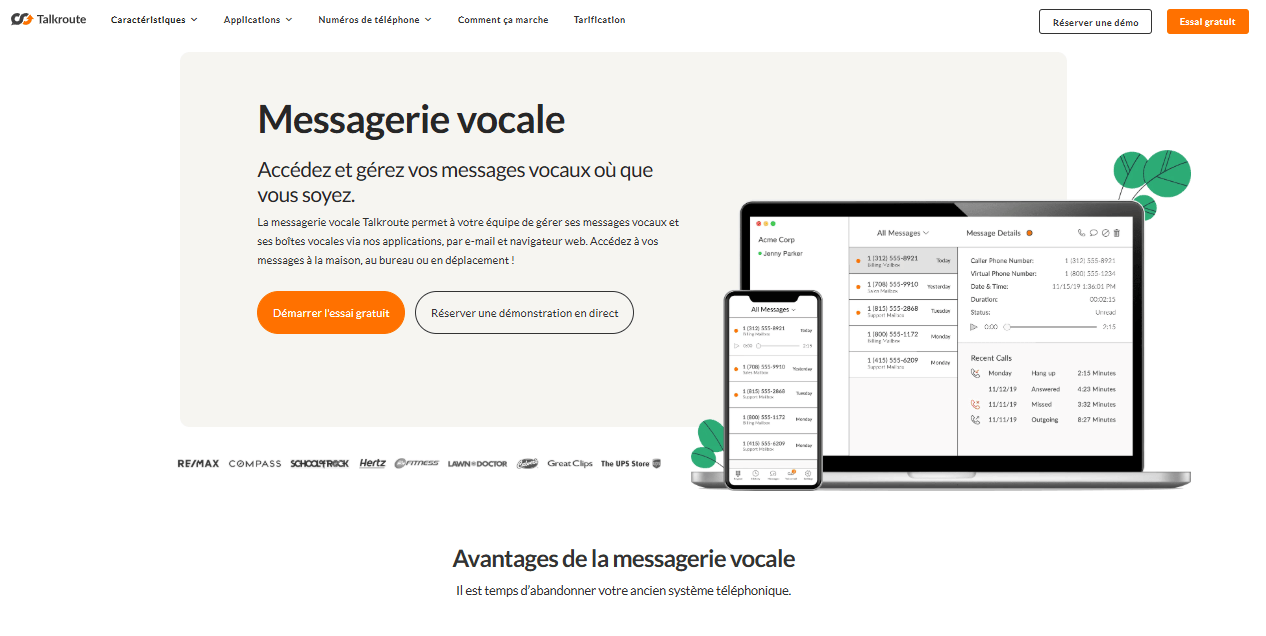 Liste des fonctionnalités de Talkroute: Messagerie vocale et fonctionnalités SMS