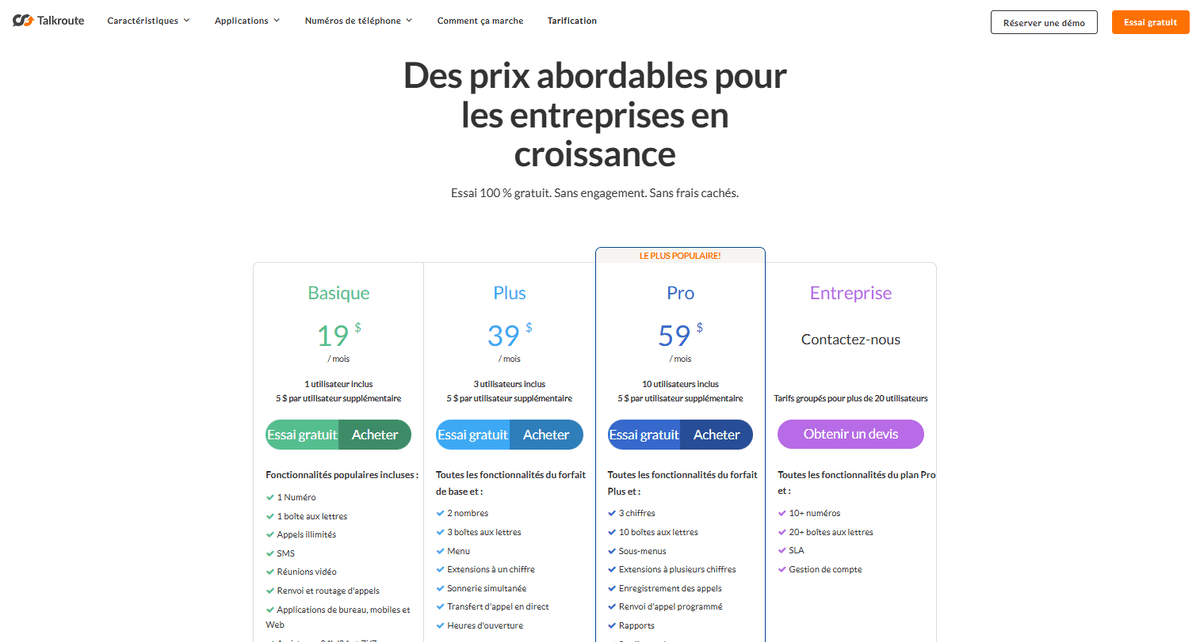 Tarifs de Talkroute